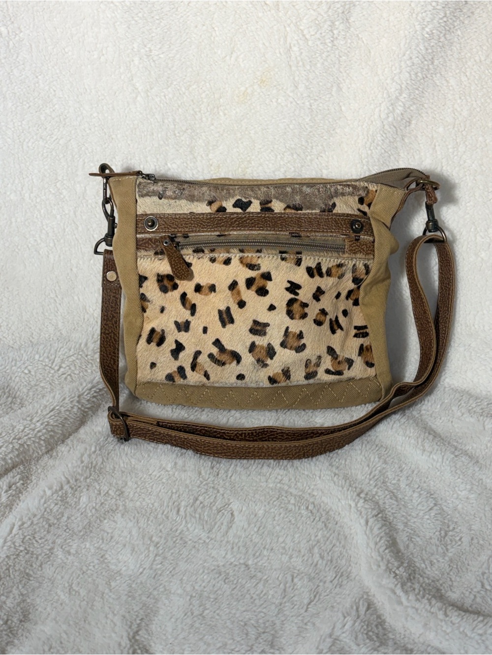 Myra Bag Leopard Print Crossbody in Tan and Brown 100% leather inner shell